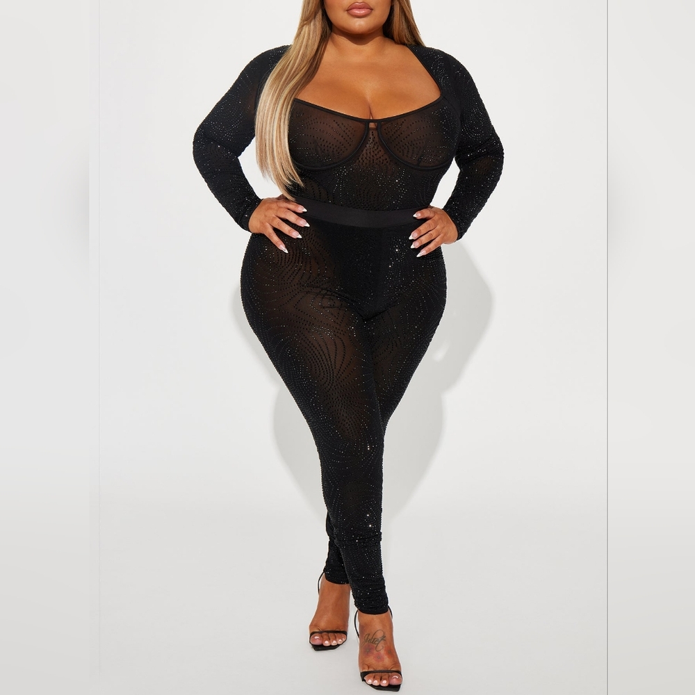 Always A Baddie Rhinestone Mesh Legging Set - Black